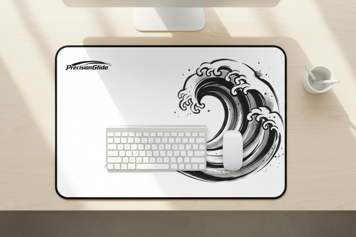 Ocean wave desk mat on bright Scandinavian home office desk lifestyle shot