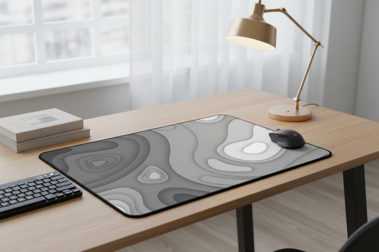 Topographic gray desk mat on modern home office desk with warm lamp lifestyle shot