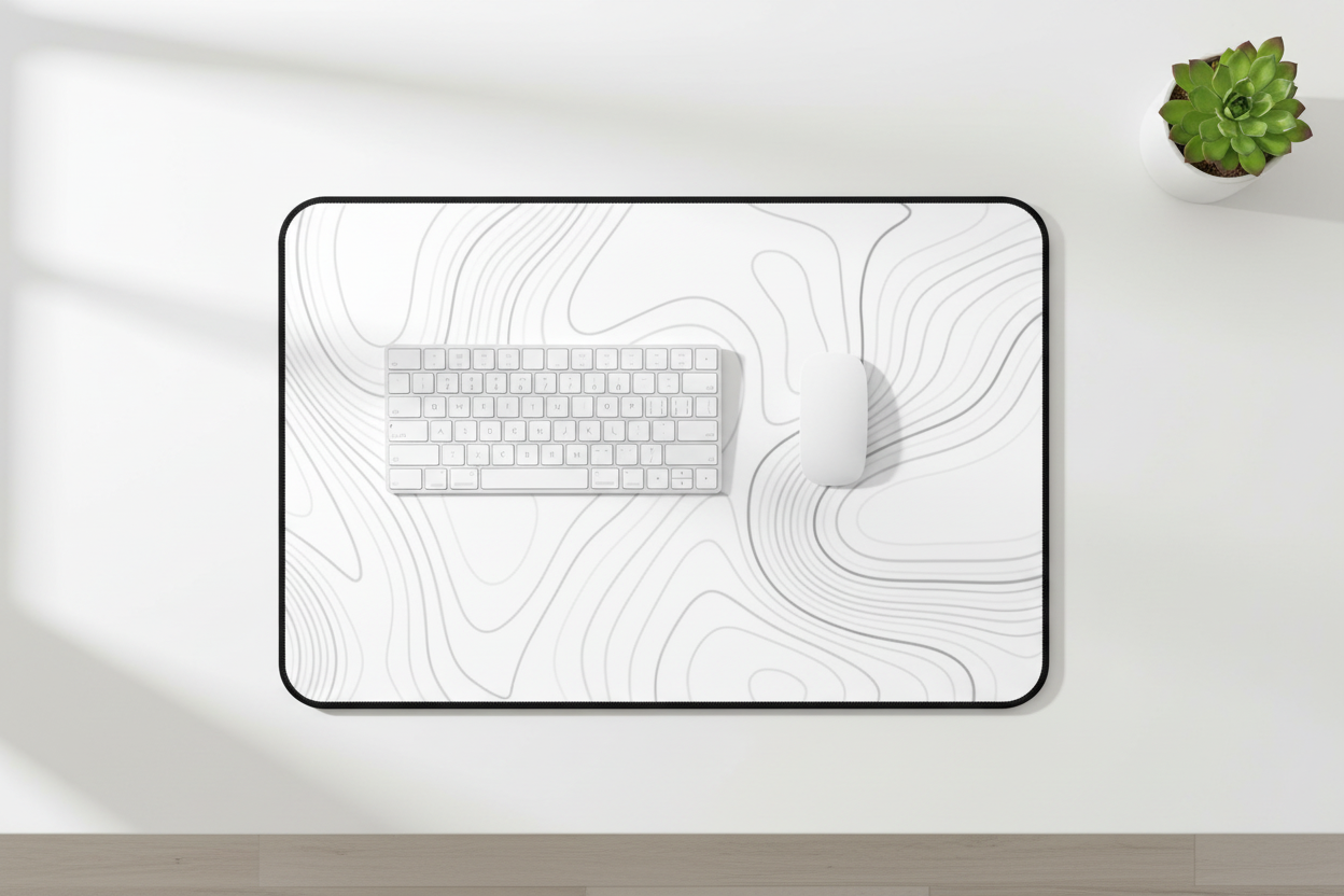 Topographic white desk mat on bright Scandinavian home office desk lifestyle shot