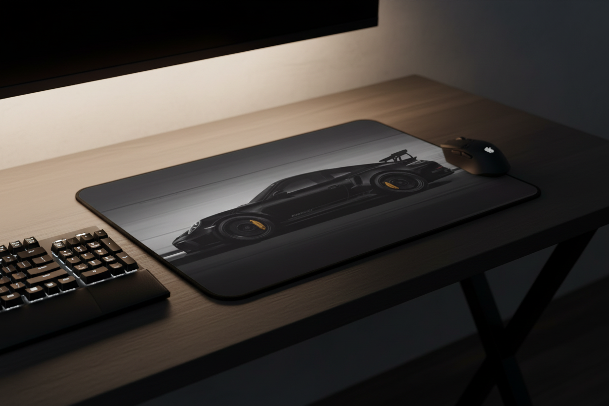Racing car desk mat on dark minimal desk with warm white ambient lighting