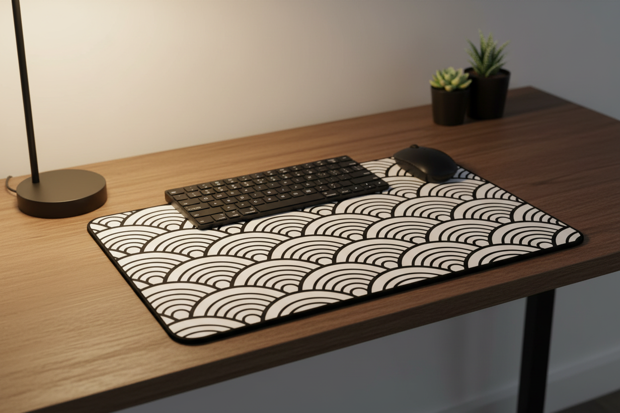 Black and white wave pattern desk mat on minimal desk with warm lamp glow