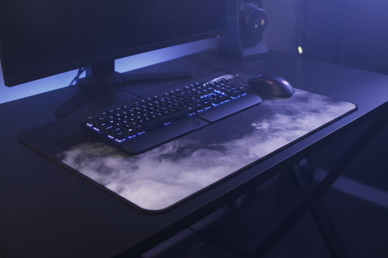 Smoke wave desk mat on moody gaming desk lifestyle shot