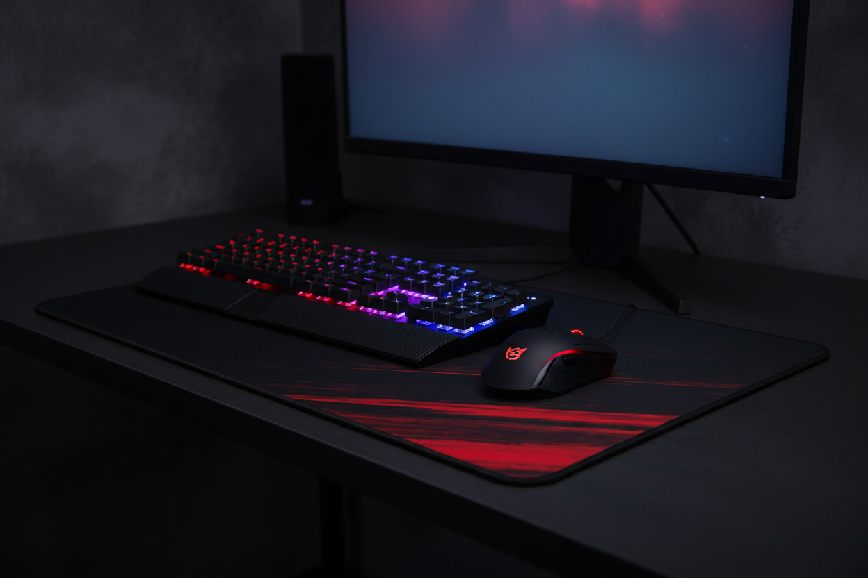 Red Streak gaming desk mat on dark gaming desk with dramatic lighting