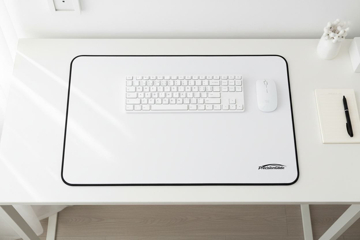 Minimal white desk mat on bright clean home office desk lifestyle shot