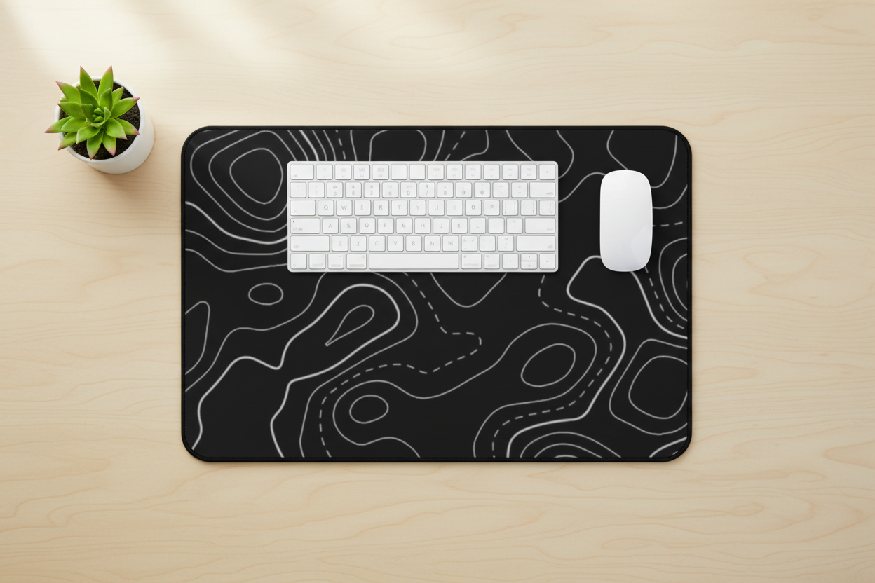 Topographic black desk mat on minimal home office desk overhead lifestyle shot