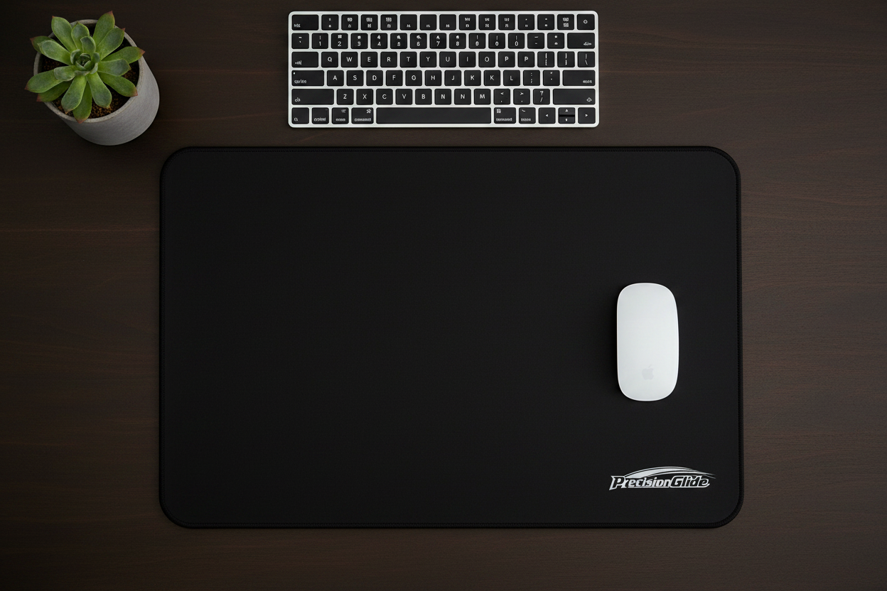 Black desk mat with subtle logo on minimal dark wood desk lifestyle shot